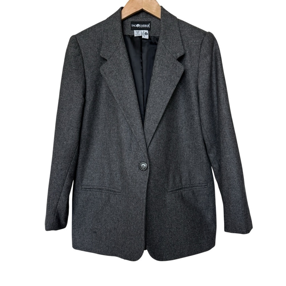 VINTAGE! Sag Harbor Women's Wool Blazer Jacket Gray Size 8P One-Button Casual - Picture 2 of 9